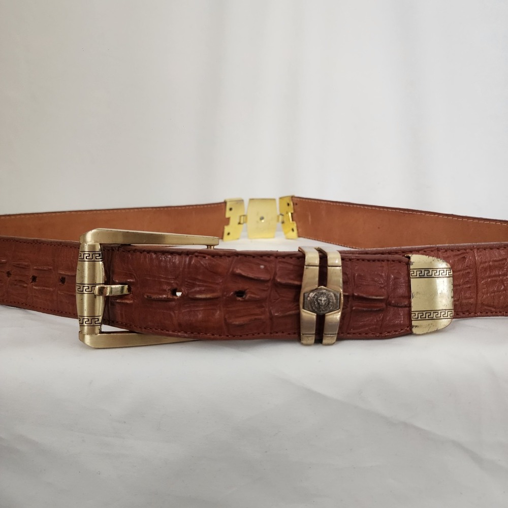 Veretta Leather Belt 42 Western Mexico Caiman Embossed Metal Hinge Lion Brown